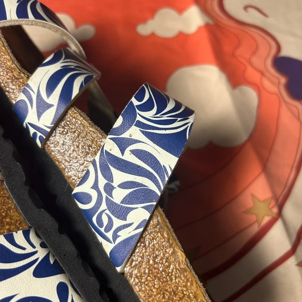 Birkis by Birkenstock Salina Blue White Floral Sandals Womens 7.5 EU 38 Comfort